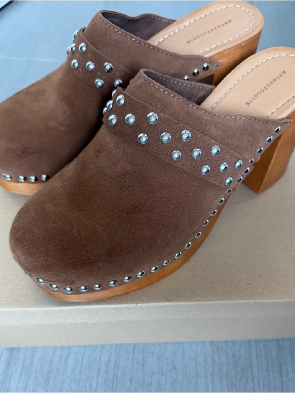 Anthropologie Brown Suede Studded Clog Heels